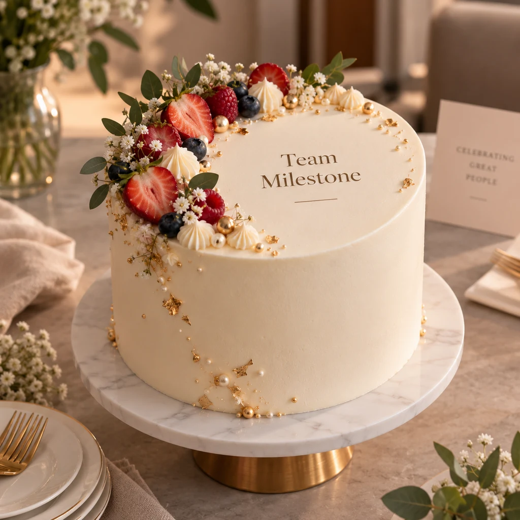 Ivory cake topped with strawberries, raspberries, blueberries and gold, piped with the words Team Milestone