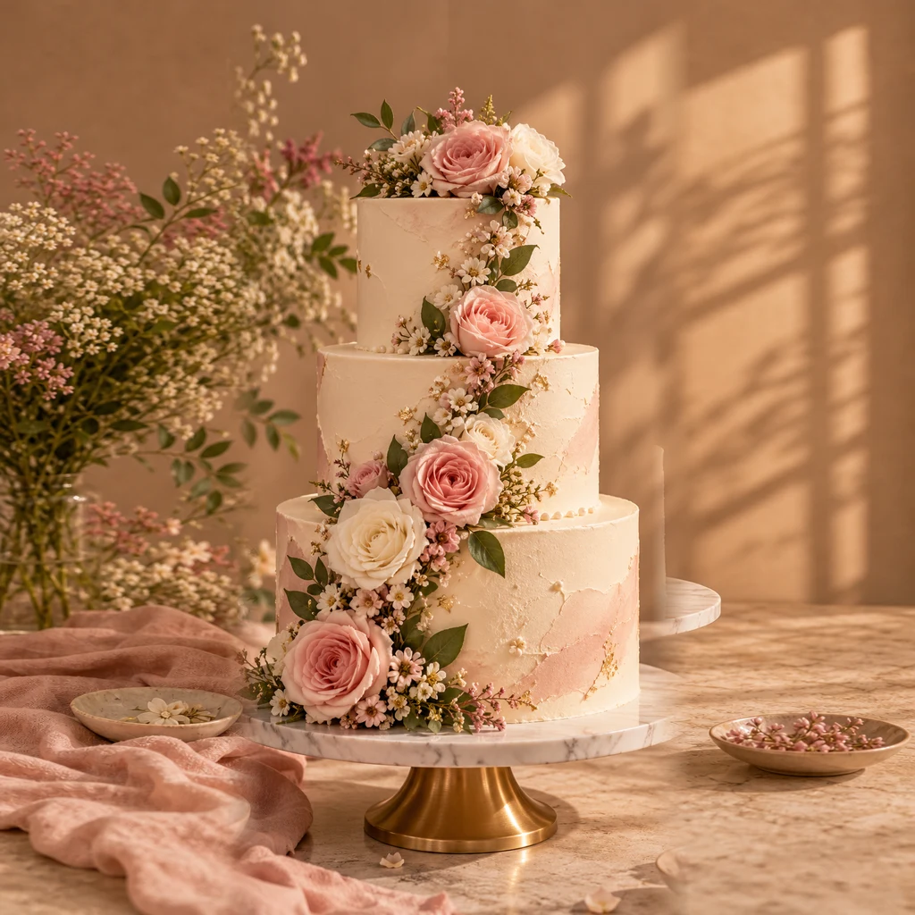 Three-tier ivory celebration cake dressed with blush and white roses, gold leaf and bead-piped borders