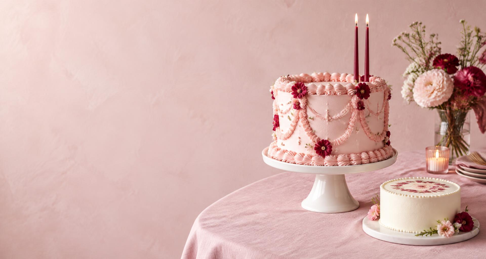 Blush birthday cake and custom printed floral cake, beautifully arranged for a celebration