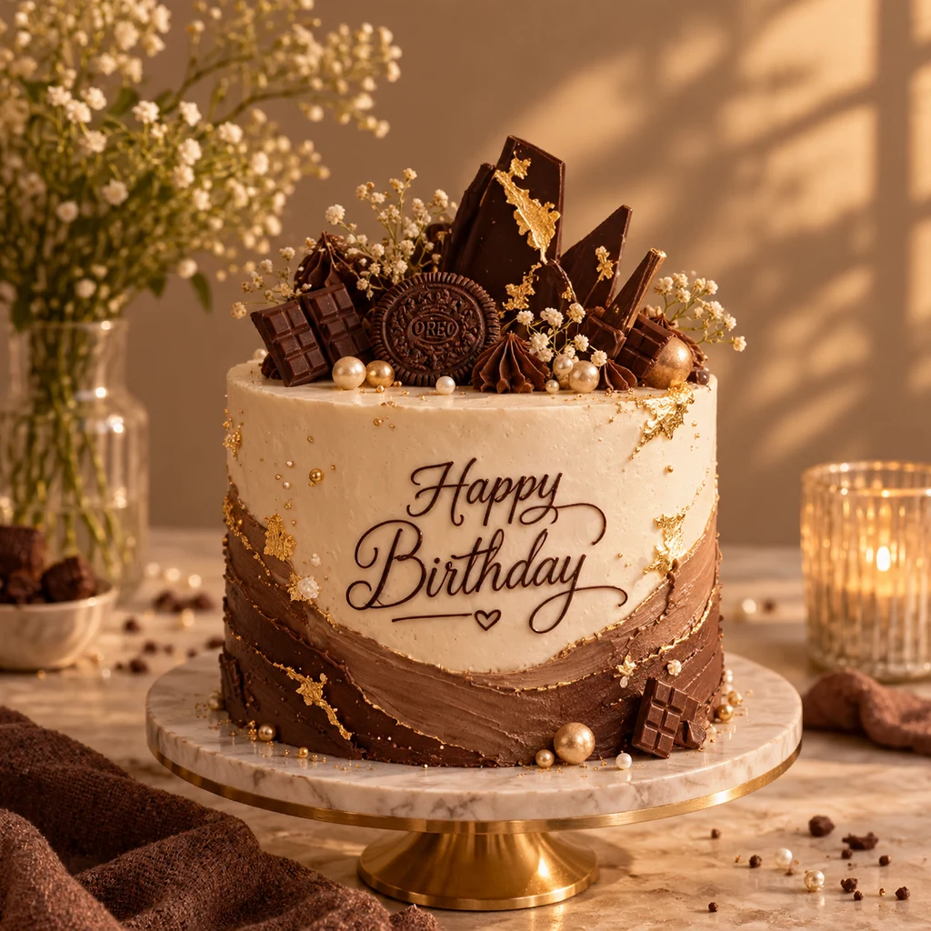 Cream and chocolate cake edged with gold leaf and chocolate shards, piped with a Happy Birthday message
